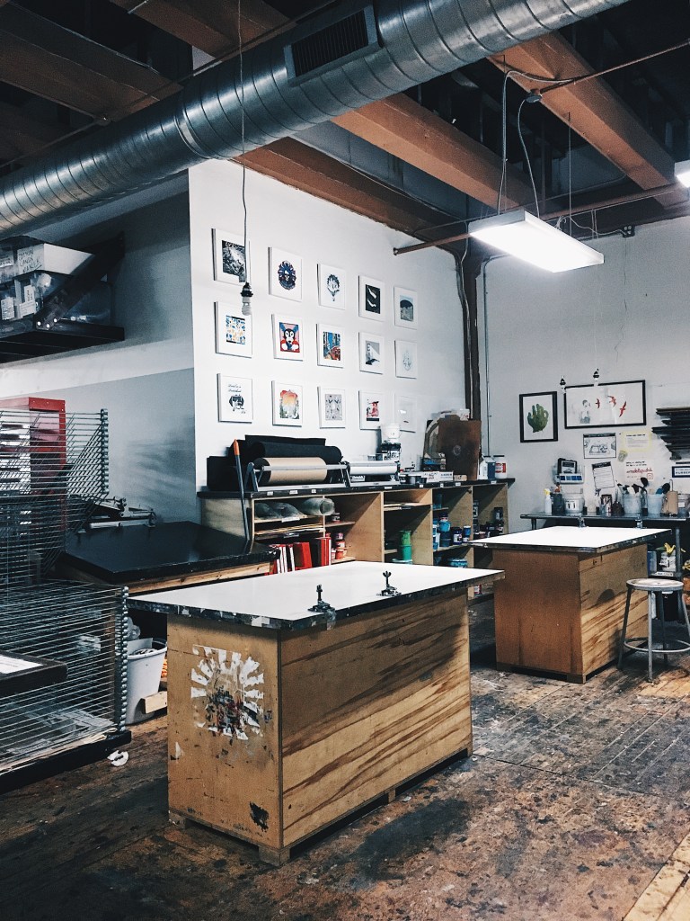 View of the screen printing area at Spudnik Press in Chicago